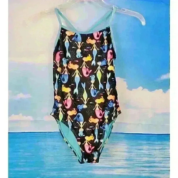 WONDER NATION Girl MERMAID Bathing Swim Suit BLACK One Piece LINED size Lg 10-12 - Picture 2 of 5